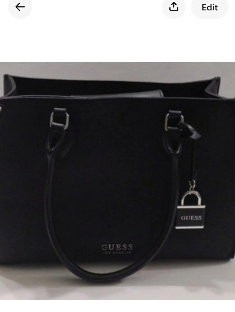 G By Guess Square Black Embossed Logo Leather Tote with Silver Lock Charm
